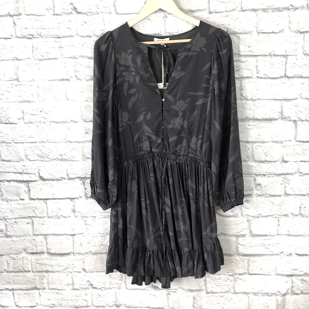 Z Supply Drawstring Waist Skater Dress Charcoal Gray Floral Womens Size Small